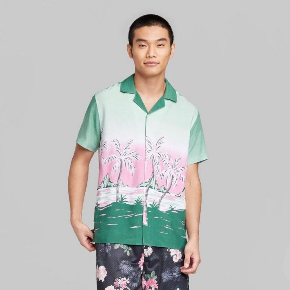 Men's Short Sleeve Collared Button-Down Shirt-Tropical Green-Original Use